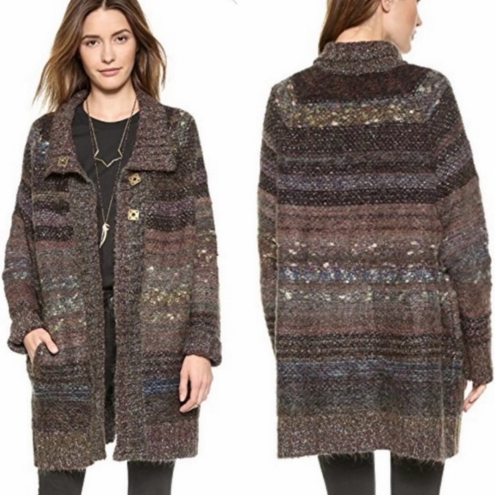 Free People‎ Starlight Shadow Cardigan Sweater Wool Blend Brass Snaps Oversized